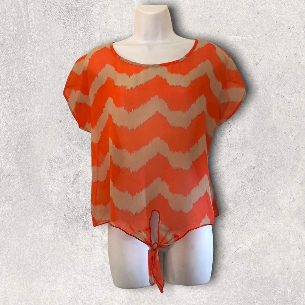 Blue Sketch Chevron Coral and Tan Cut Out Tie Top